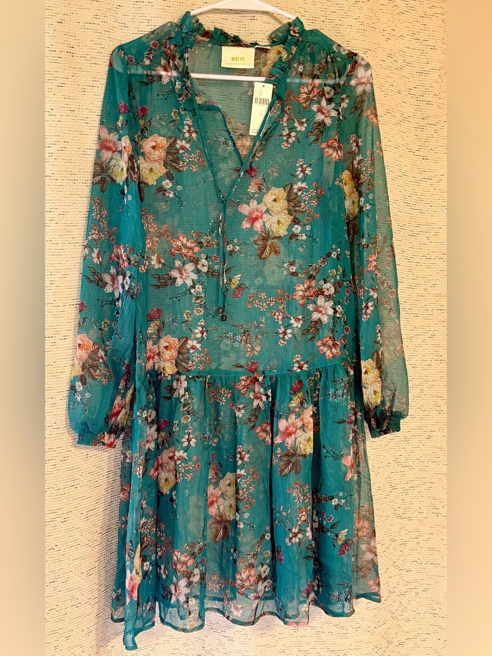 NWT Anthropologie Maive Teal Floral Ruffle-Trim Sheer Long-Sleeve Dress. Size XS - Picture 10 of 16